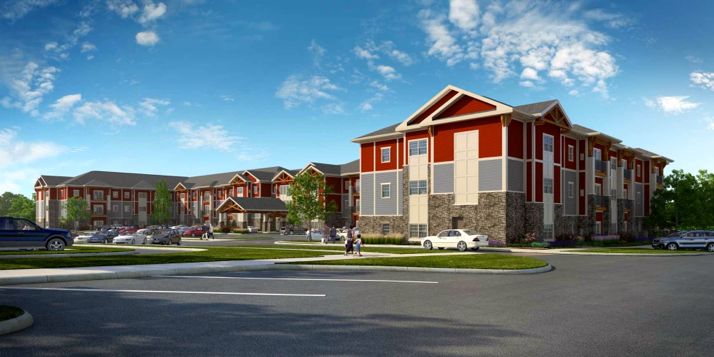 A rendering of the Aspen Village apartments looking east from the retail area of Mission Crossing.
