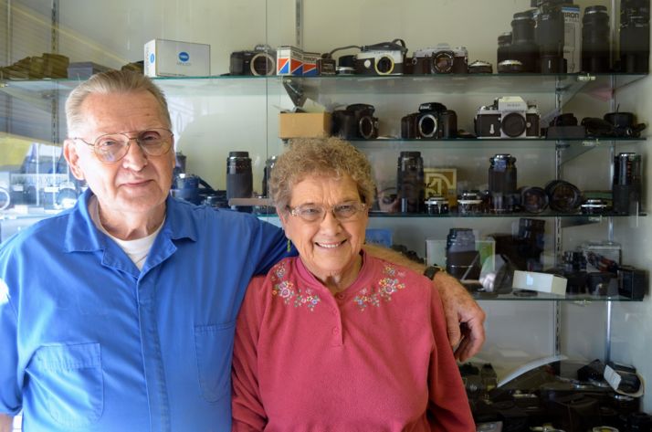 Clarence and Betty Gass in their Johnson Drive repair shop.