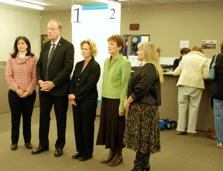 Rep. Melissa Rooker (L-R), Secretary of Revenue Nick Jordan, Director of Vehicles Lisa Kaspar, Rep. Barbara Bollier, Robin Harris, Driver Licensing Field Services Manager, were at the Mission branch Monday.