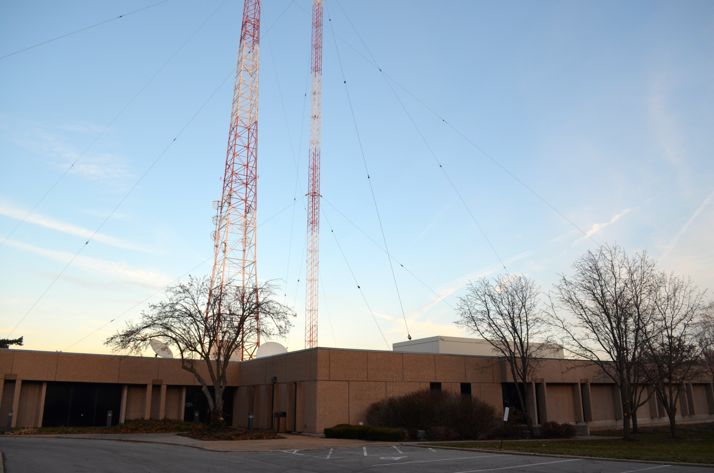 The Entercom building in Westwood with its two radio towers is surrounded residential neighborhood.