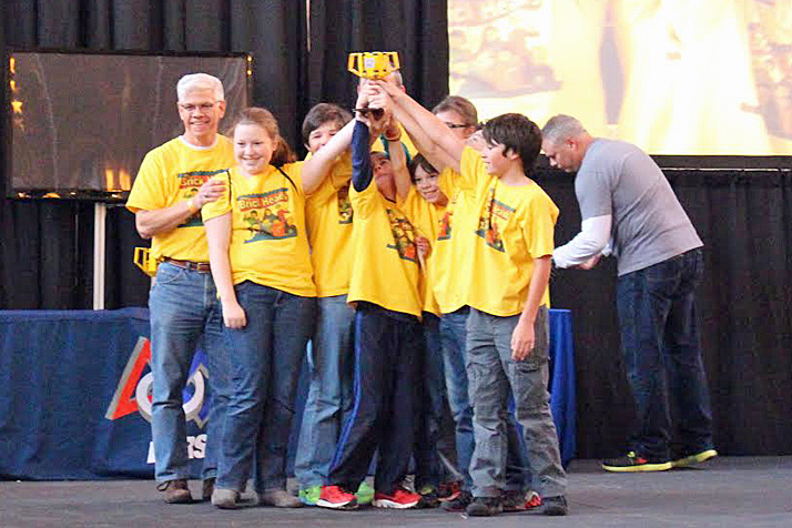 The Brickheads celebrating their win at First Lego League regionals.