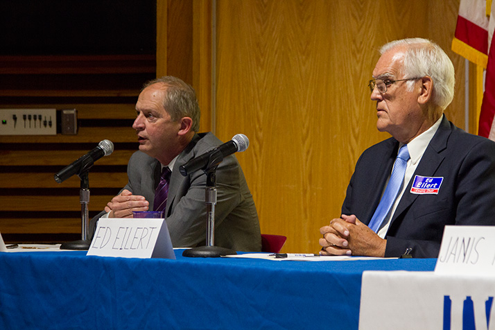 Patricia Lightner was a no-show at the League of Women Voters forum Wednesday, leaving Ed Peterson (left) and Ed Eilert to suss out the differences in their positions on the issues.