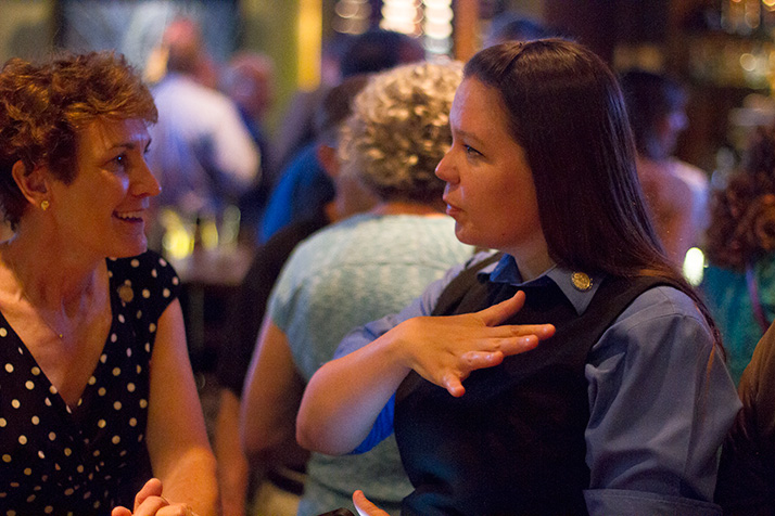 Barbara Bollier (left) and Stephanie Clayton celebrated with other moderate Republicans at Tavern in the Village Tuesday night.