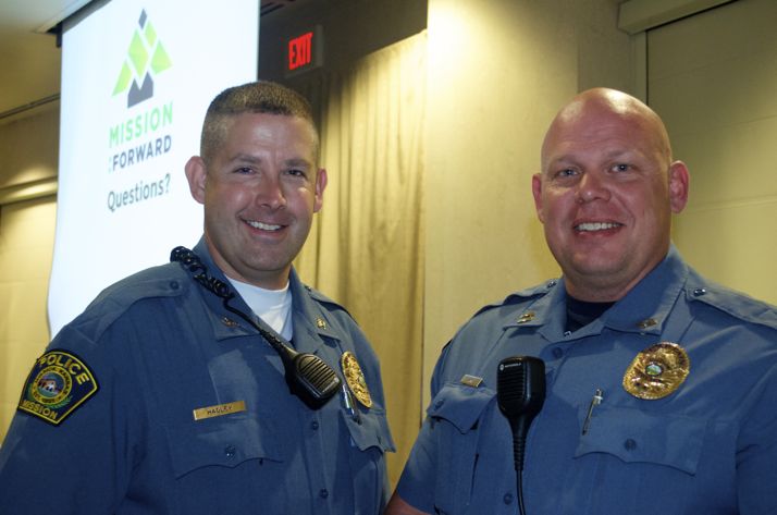 Mission Police Chief Ben Hadley and patrol division commander Capt. Lane Kirk at the Mission update breakfast Friday morning.