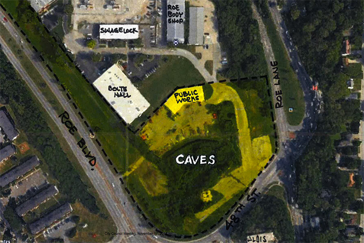 This overhead view shows the location of the caves and the pool site along Roe.