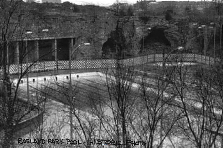 A historical picture of the Roeland Park pool on the caves site.