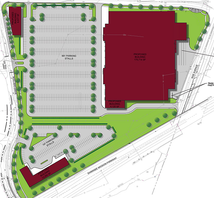 The plan for the new Gateway development in Mission. Shawnee Mission Parkway is at the bottom of the rendering and Johnson Drive is at the top. The Walmart store is to the right. The hotel is in the bottom left corner and retail in the top left.