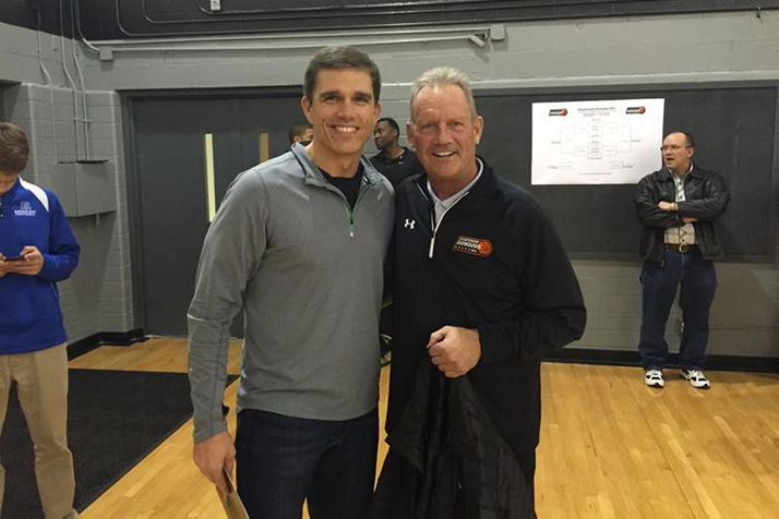 Trent Green (left) and George Brett were among the honorary coaches on hand at Thursday's opening day action at the Championship Showdown at SM East. Photo via SM East Athletics Twitter.