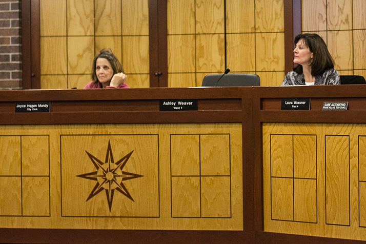 Ron Shaffer's seat behind the Prairie Village city council dais was empty during the committee of the whole meeting Monday. Council president Ashley Weaver, who will be serving as interim mayor, took the seat during the council meeting later in the evening.