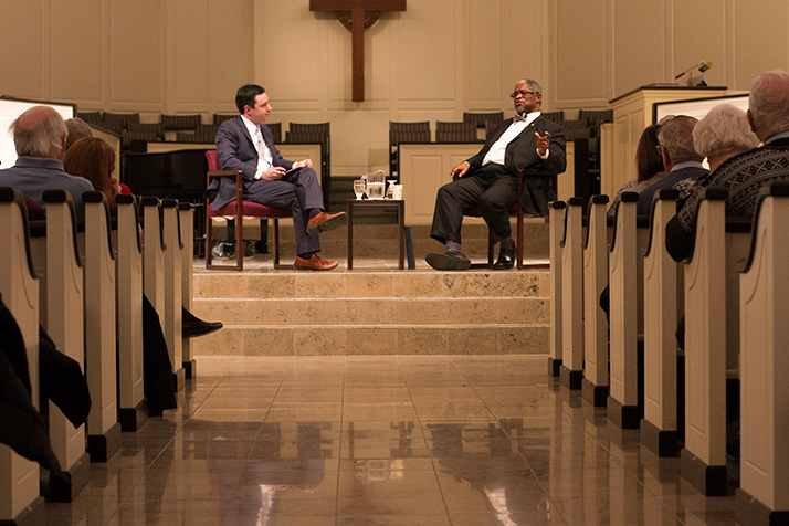 Brian Ellison, left, and Sly James participated in the first Village Talk event at Village Presbyterian Wednesday.