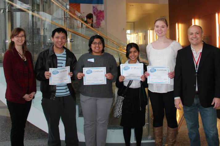 Winners of the this year's Brain Bee posed with the co-presidents of the Kansas City Chapter of the Society for Neuroscience. Pictured are (from left) Angela Pierce (Co-President); Allen Chen, Blue Valley CAPS (4th place); Sarmila Venkoba Sah, Blue Valley North (2nd place); Debolina Kanjilal, Blue Valley West (winner); Bethany Snyder, Shawnee Mission East (3rd place); and John Stanford (Co-President).