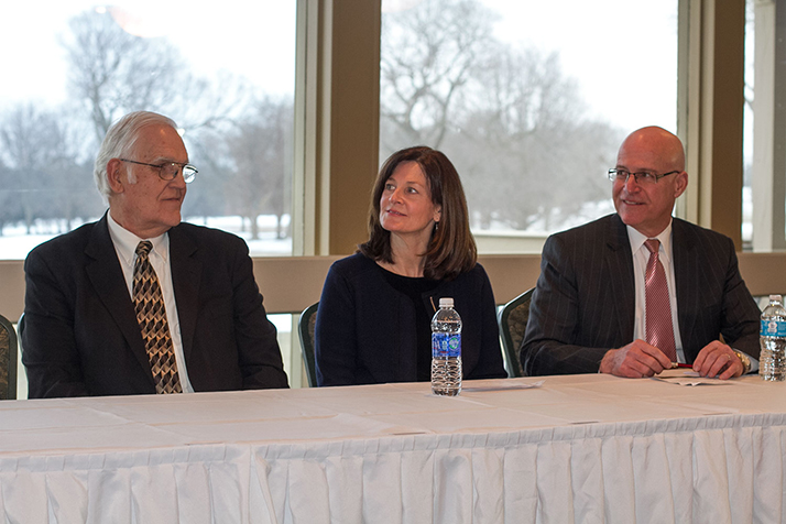 County Commission Chair Ed Eilert, Prairie Village Mayor Laura Wassmer and Johnson County Parks and Recreation Chair George Schlagel at Thursday's press conference announcing the plans.