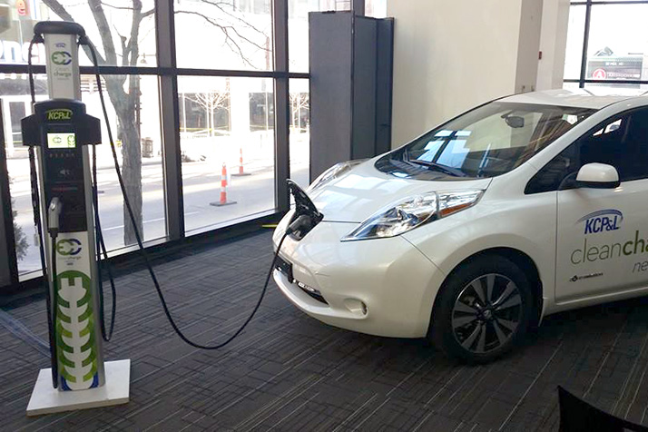 Each of KCP&L's electric vehicle charging stations has ports for two vehicles. Photo via KCP&L.
