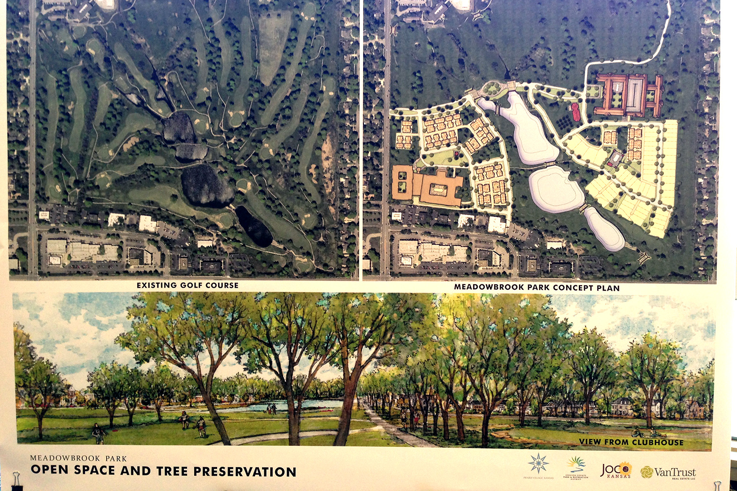 A posterboard showing the proposed development overlaid on the existing site, illustrating the number of trees that will be preserved. Click to enlarge.