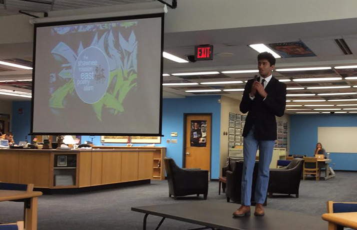 Senior Akshay Dinakar hosted the seventh annual Poetry Slam in the SM East library Friday.