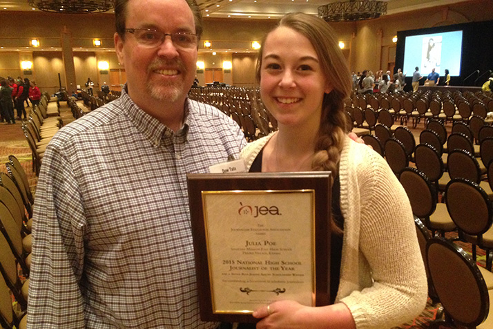 Dow Tate, left, and National High School Journalist of the Year Julia Poe with her award in Denver. (Photo courtesy Julia Poe).