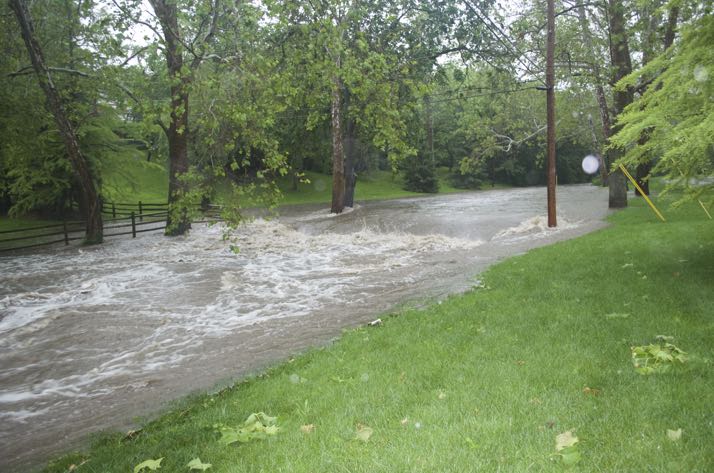 Brush Creek through Mission Hills was running out of its banks in several spots.