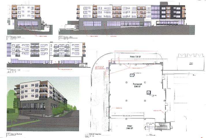 A plan for the new restaurant space at Woodside Village. The bottom left rendering shows a view of the building when driving south on Rainbow. The top right rendering would be the view across Rainbow from city hall.