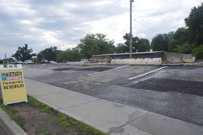 The empty lot at 47th and Mission Road is now used for overflow Taco Republic parking.