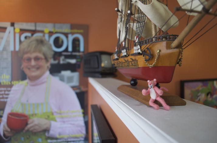 The model ship was the first to appear. The TV behind it also was left by the mystery guest. The pink panther is on the case, though.