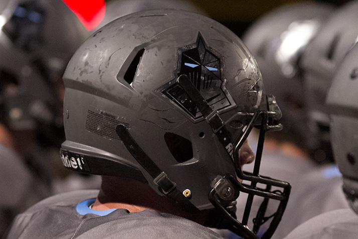The Lancers swapped out the USA decals they'd worn on their helmets the first two games for their knight logo.