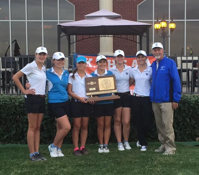 SM East's girls golf team celebrating with their state title in Andover. Photo courtesy Buckie Bell.