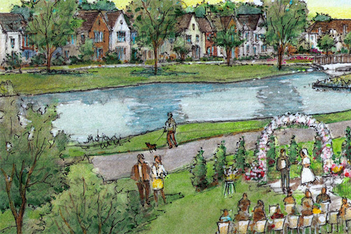 A rendering showing the view from the proposed inn out onto a lawn near the lake where weddings could be hosted.