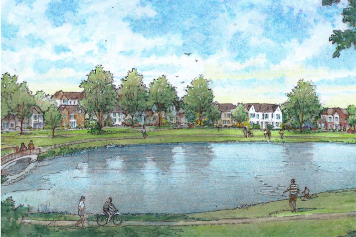 A rendering showing the view toward the residential development from across the lake in the park.