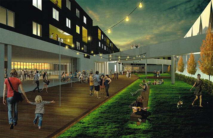 The park area would be between the parking garage and the Roeland Drive retail/residential buildings.