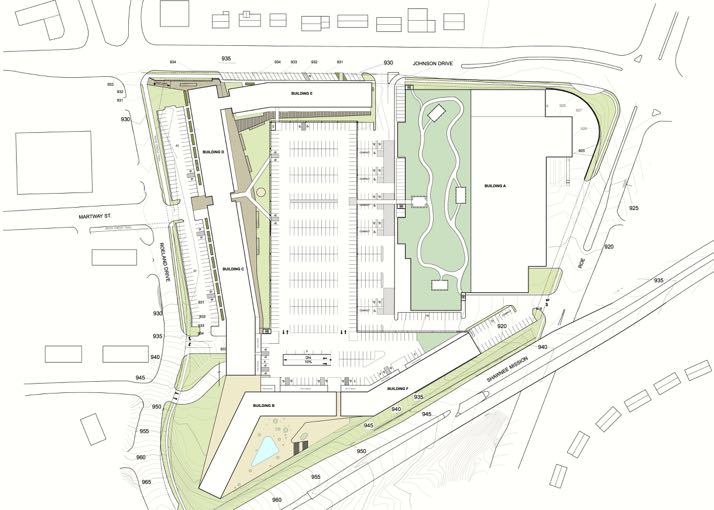 The drawing shows the addition of a green roof and walking path on a portion of the Walmart buidling,