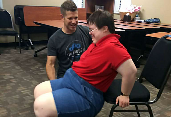 Personal trainer Tim Crough works with Ellen Dirnberger on strength. Photo courtesy of The Mission Project.
