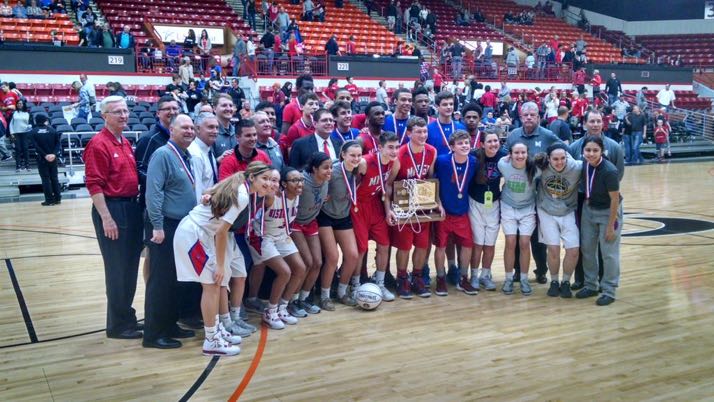 The Bishop Miege teams celebrate in Salina. Photo via Miege Twitter
