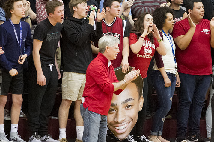 SM North Principal Richard Kramer cheering on the boys basketball team during the championship run this year.