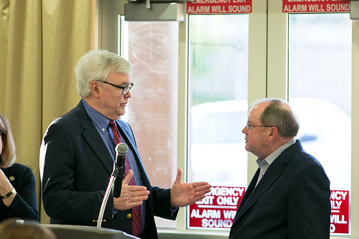 Rep. Jerry Stogsdill with Senate Minority Leader Anthony Hensley at a forum in Mission last year.