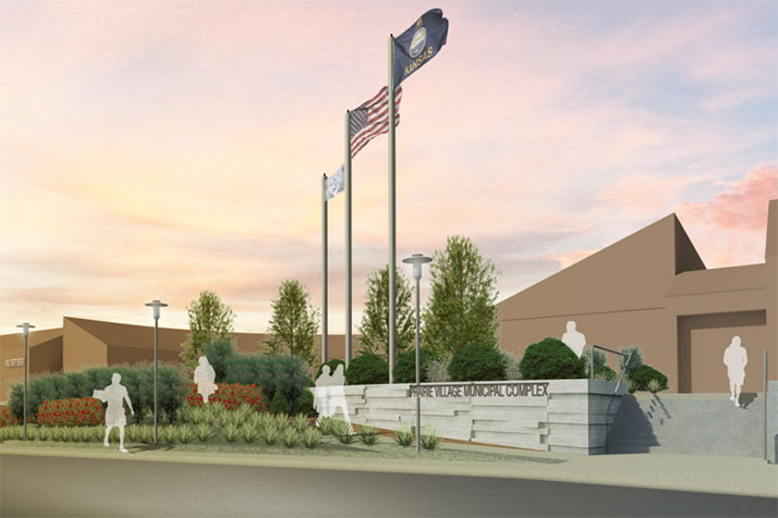 A rendering of the "good" plan for the revamped Prairie Village courtyard area. Graphic by Hollis+Miller).