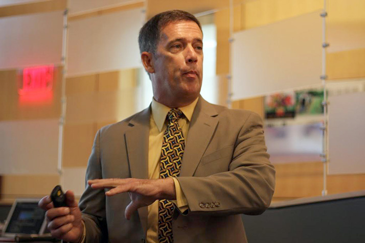 Shawnee Mission Superintendent Jim Hinson speaking Thursday to NEJC Chamber members.