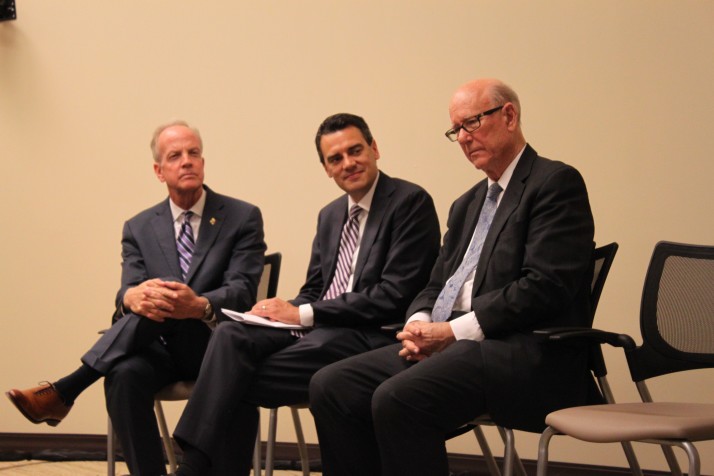 A rare gathering of the state's top federal elected officials attended the KU Alzheimer's Center announcement. (From left) Sen. Jerry Moran, Rep. Kevin Yoder and Sen. Pat Roberts.