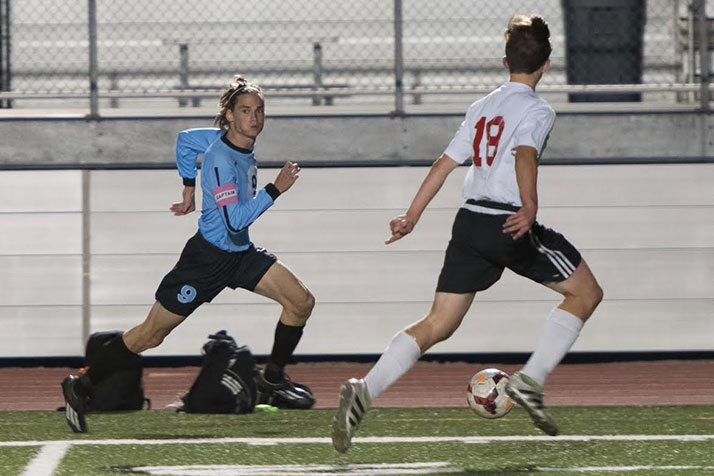 Senior Clayton Phillips scored three goals for the Lancers on Thursday to tie Head Coach Jamie Kelly for second-most goals in a season. Photo by Carrie Morantz.
