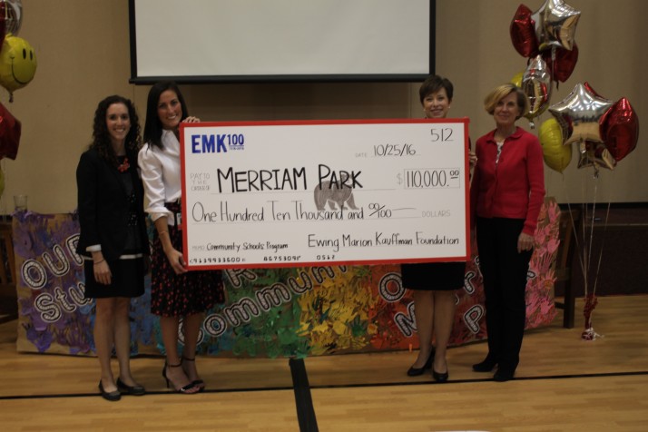 The presentation of a replica check was cheered by hundreds of students at Merriam Park Elementary.