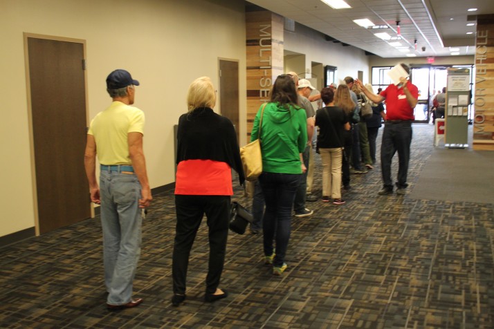 The line for early voting stretched into the hallway at the JoCo Northeast offices last Friday