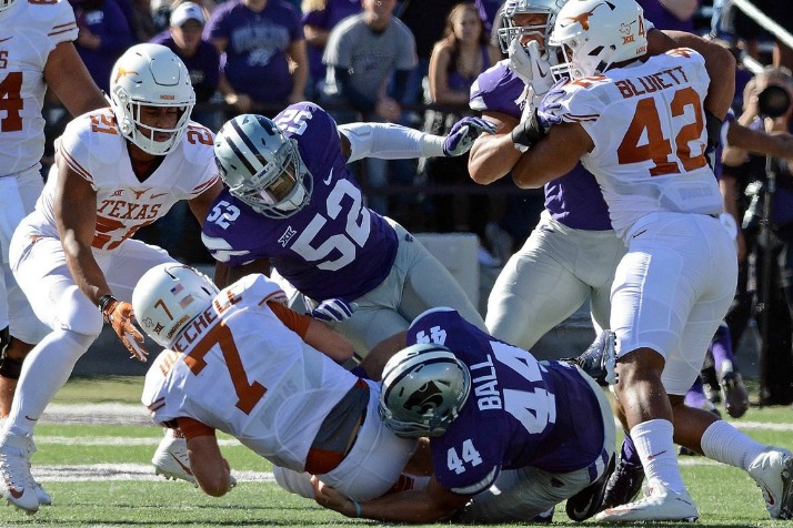 Kyle Ball, a 2014 SM East graduate and current freshman at Kansas State, sacks Texas quarterback Shane Buechele on Ball's first collegiate play of his career. (Contributed by Kyle Balll)