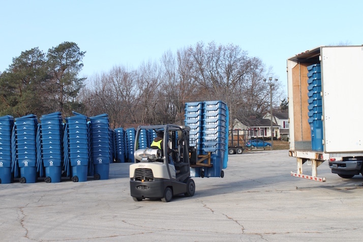 Semi-trucks were being unloaded this week with the new Republic Services roll-out carts at the former Meadowbrook clubhouse parking lot.