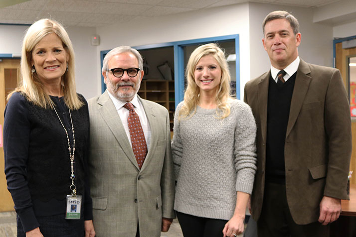 From left, Dr. Sue Adams, Brookridge principal; Dr. Kenny Southwick, deputy superintendent; Stephanie Wilhite, Brookridge second-grade teacher; and Dr. Jim Hinson, superintendent.