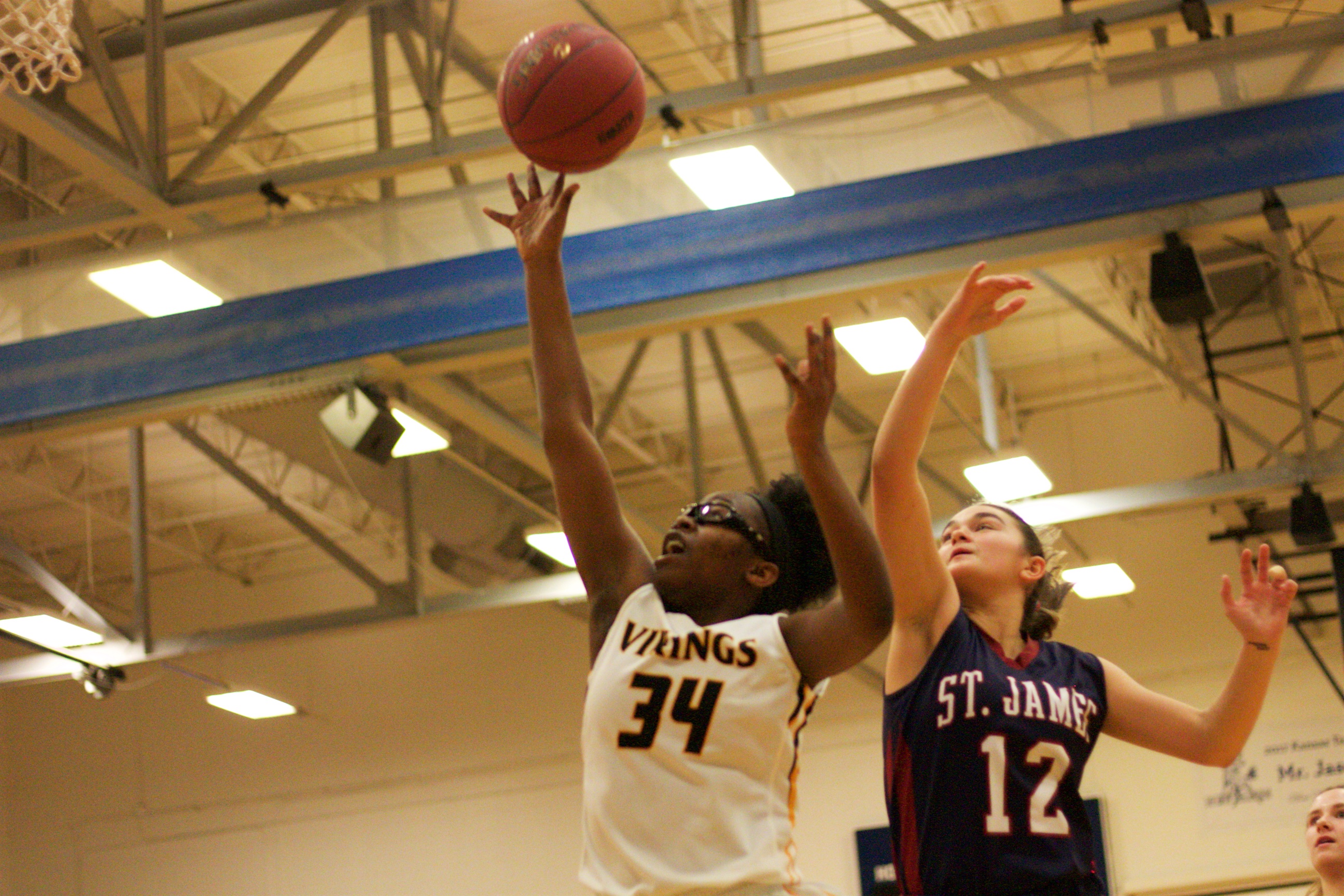 SM West's Khaliah Hines goes up for a layup in the Vikings' 43-40 loss to St. James on Wednesday. Hines scored seven points.