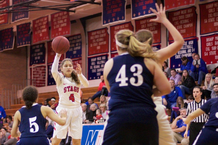 Bishop Miege sophomore Johnni Gonzalez throws in an entry pass in the first half against Mill Valley. She led all scorers with 18 points in the 21-point win.