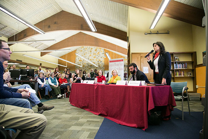 Rep. Melissa Rooker speaking at Saturday's community forum at Corinth Library.