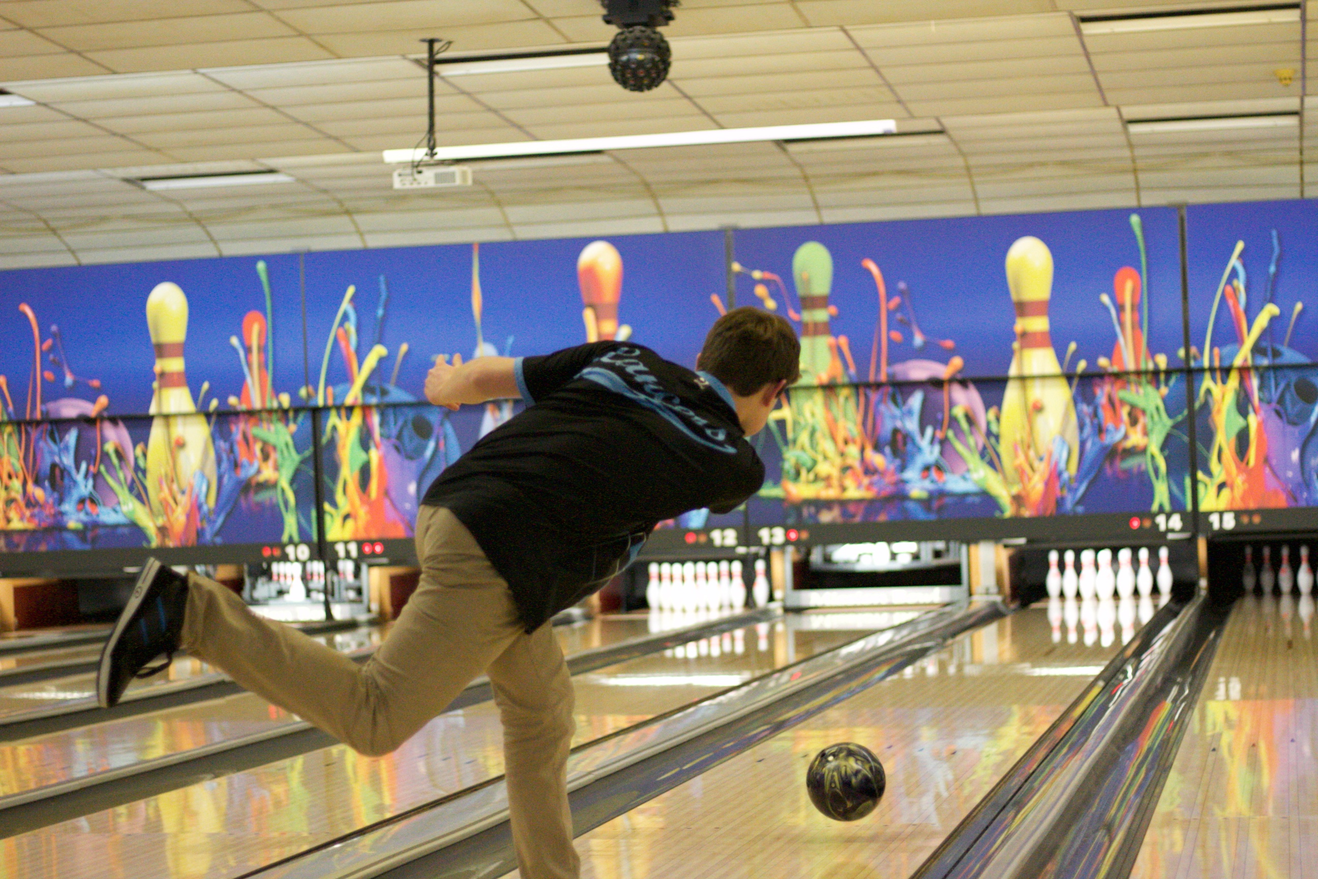 SM East senior Chase Tetrick rolls what would be a strike late in game three. Tetrick finished fifth overall with a three-game score of 580.