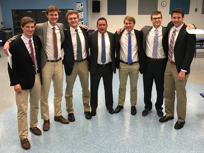 Seniors for SM East with Coach Shawn Hair: Team Manager Chace Prothe, Liam George, Lane Johnston, Coach Shawn Hair, Stanley Morantz, Trevor Thompson, Connor Rieg.