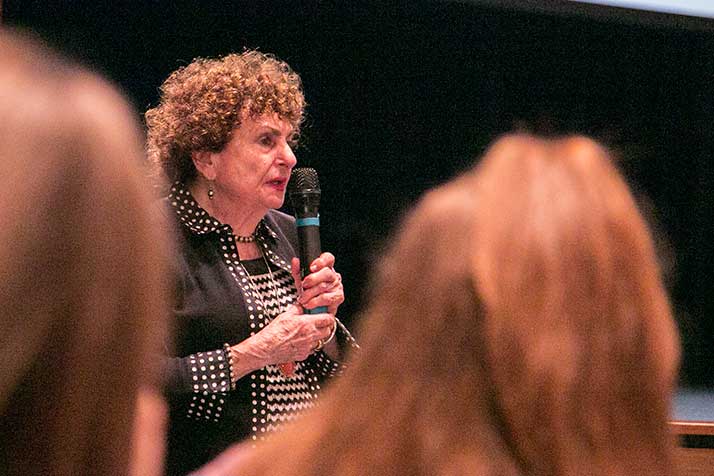 Sonia Warshawski, who was shot in the chest the day British soldiers liberated the Bergen-Belsen concentration camp, but survived and started a new life in the United States. She spoke to students and parents at Shawnee Mission East on Tuesday.
