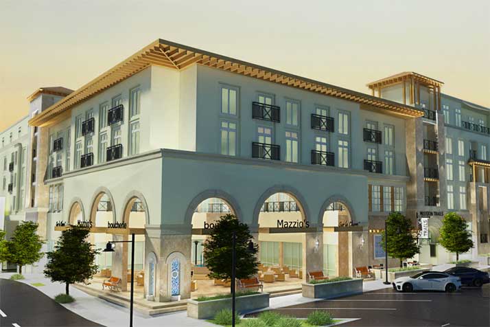 A view of the corner of the development that would house the restaurants and courtyard.